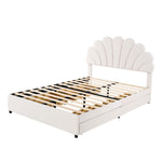 Upholstered Bed, 140x200cm Flower Headboard, Storage, Velvet Beige