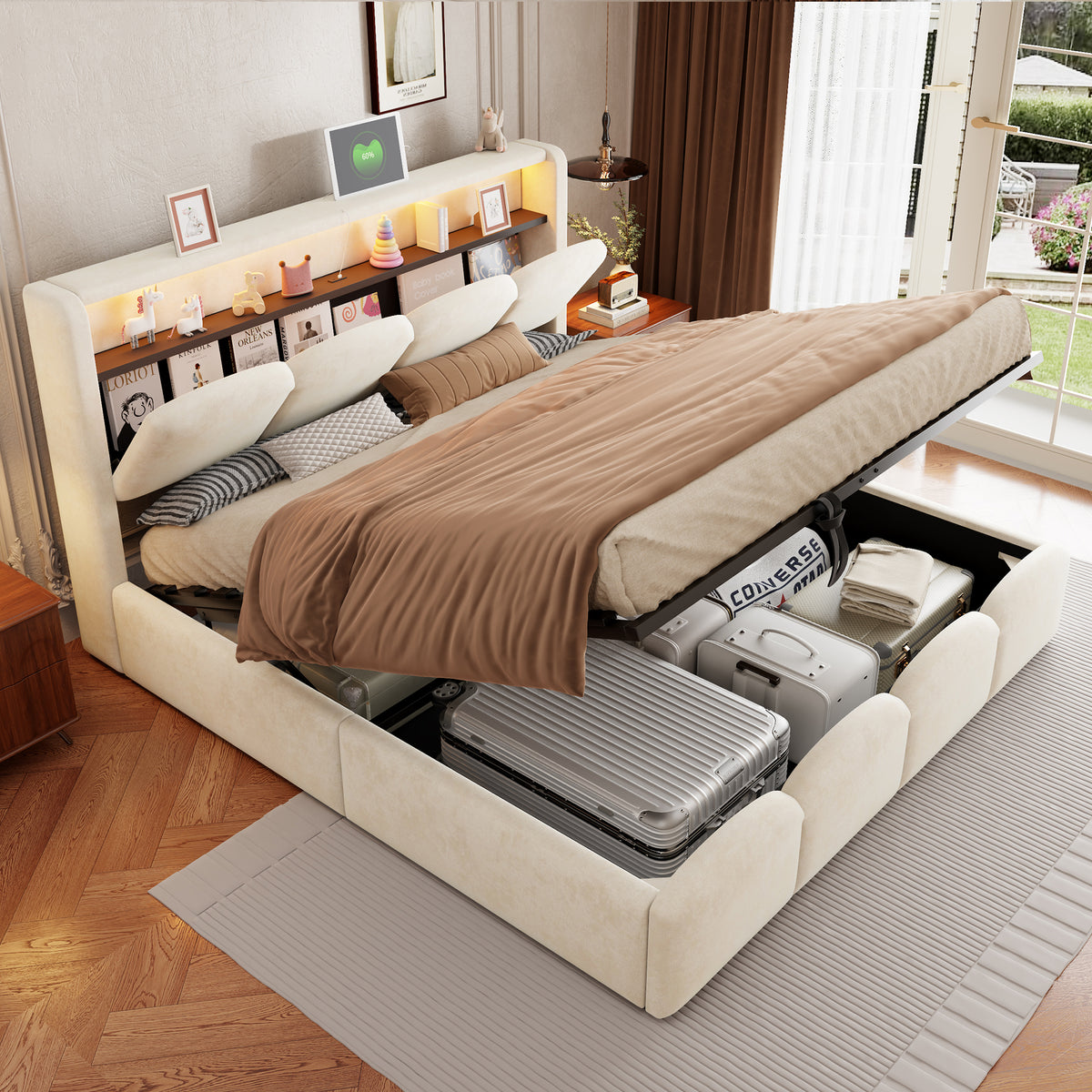 Upholstered Bed 140x200 with Hydraulic Storage & LED, Beige Velvet