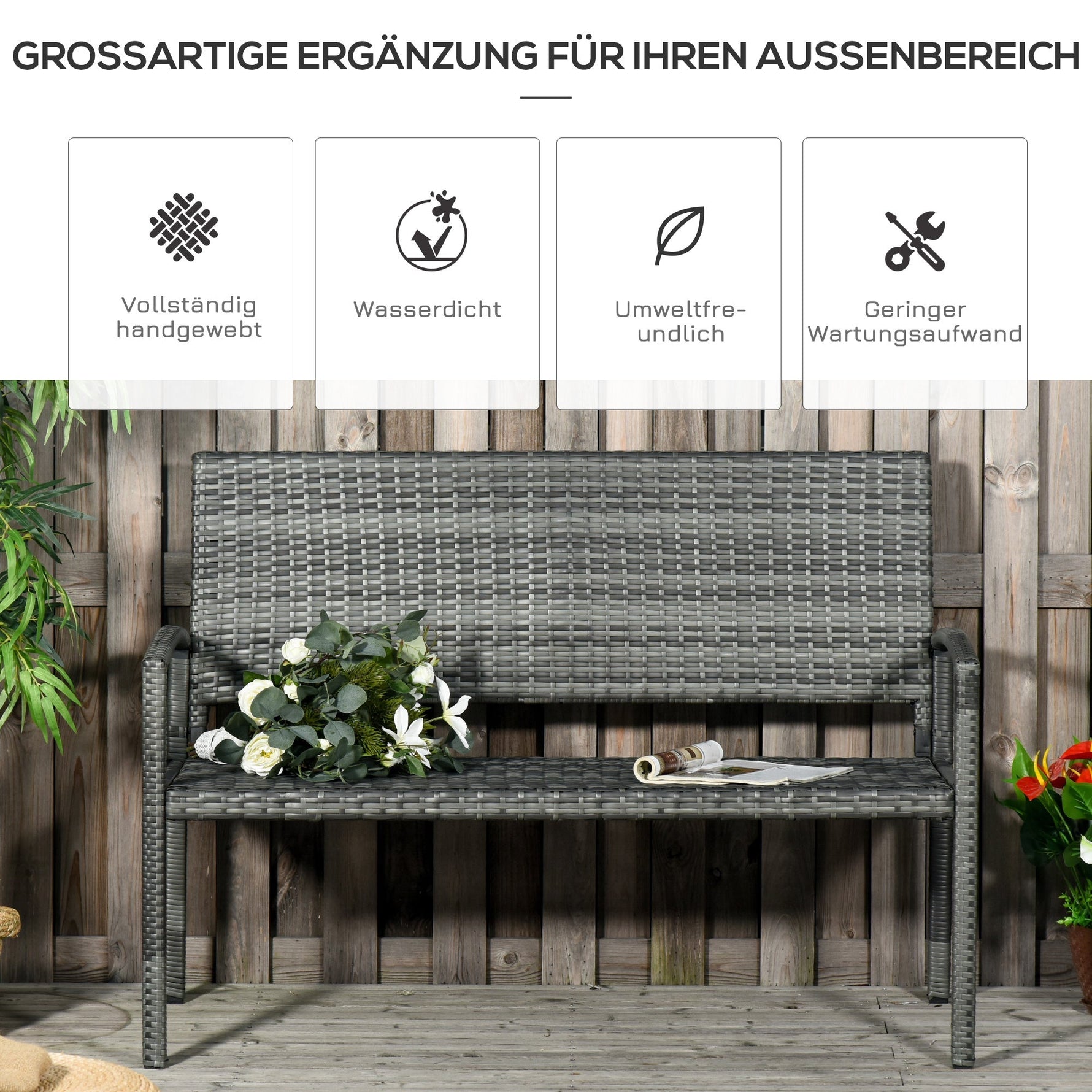 Garden Bench, Rattan Look 2-Seater Steel Frame 320kg Capacity, Grey