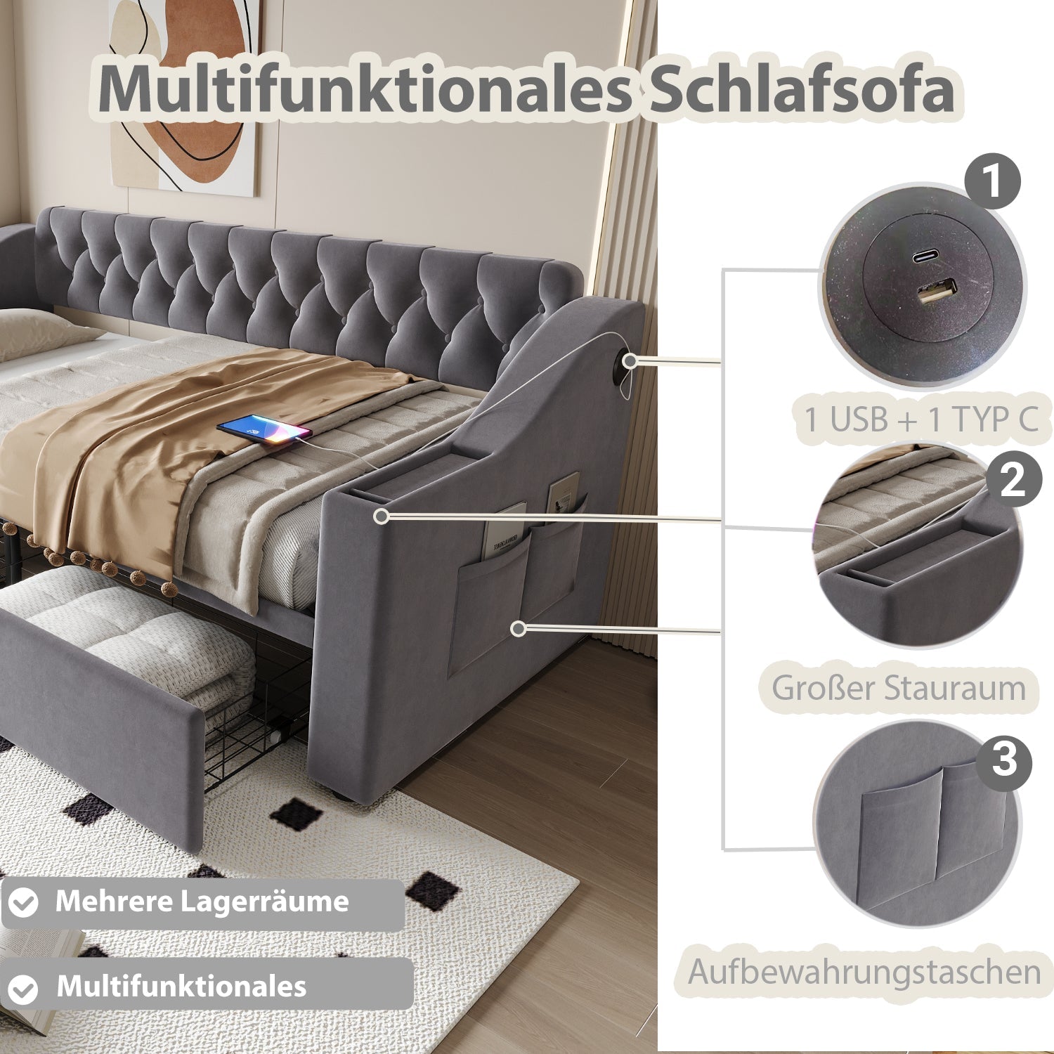 Upholstered Sofa Bed with USB Port and Storage Drawers, Dark Grey Velvet