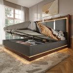 Double Upholstered Bed 140x190 with Storage & LED, Linen Grey & Walnut