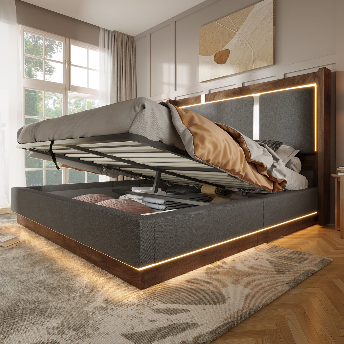 Upholstered Double Bed 140x200 LED & Storage, Linen Grey