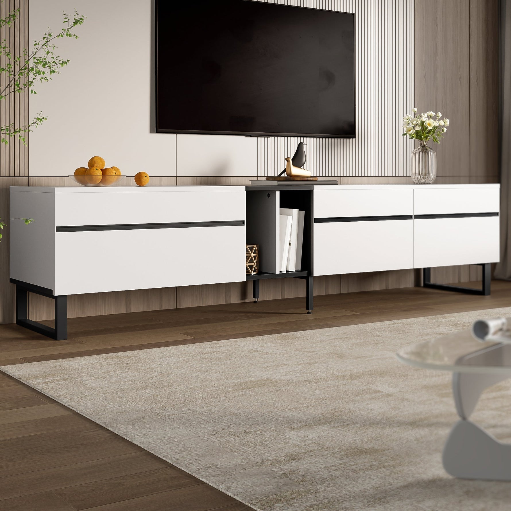 TV Stand 180cm Drop-Down Open Shelves Double Doors - White