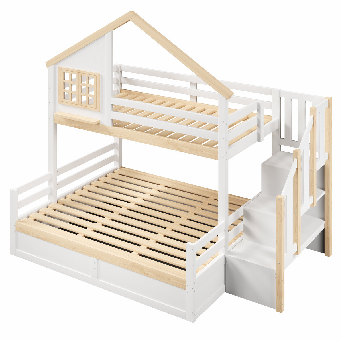 Bunk Bed 90/140x200cm with Storage Ladder & Rail, White + Natural