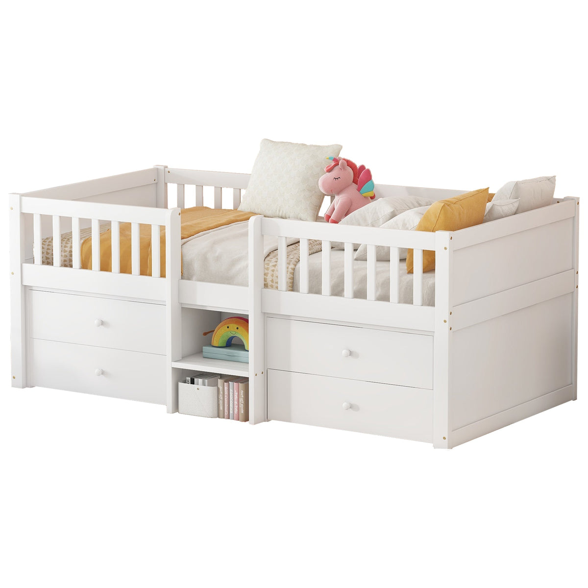 Mid-height Bed 90x200cm 4 Drawers Railing Ladder Pine Wood White