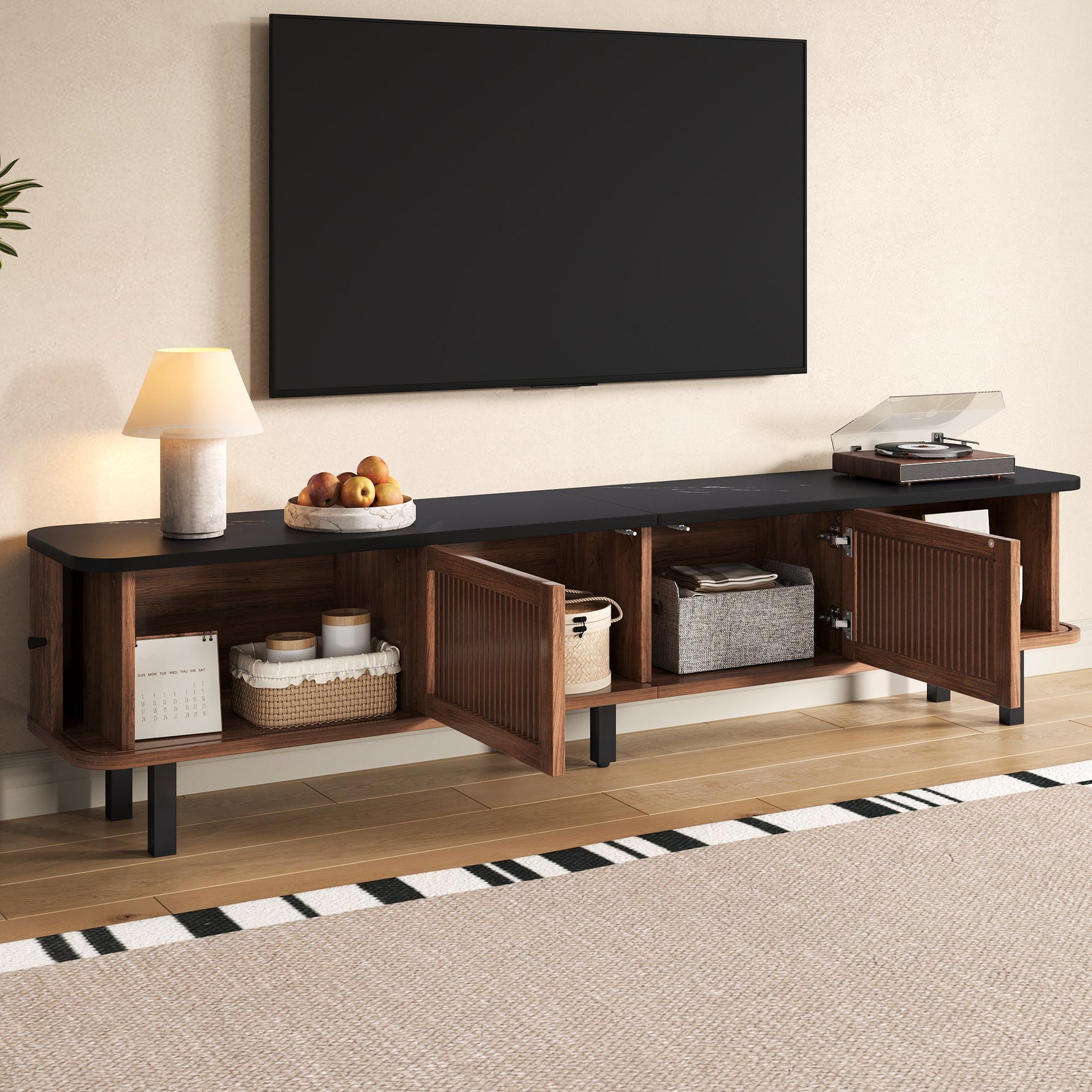 Modern Low TV Cabinet 190cm with Sliding & Mesh Doors