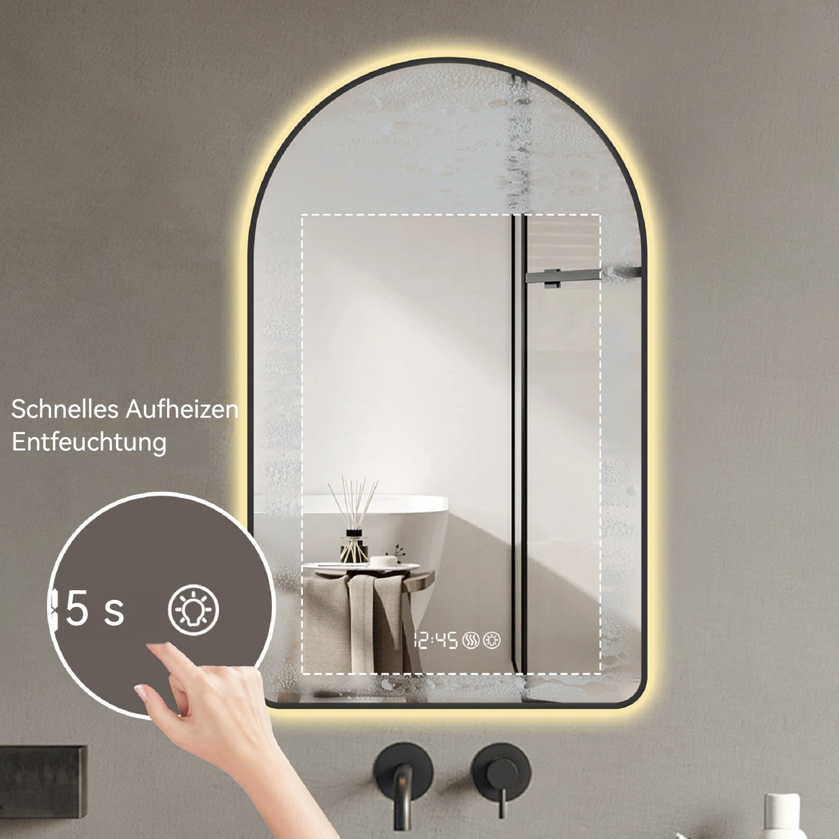 Arched LED Bathroom Mirror 60x120cm, Anti-Fog, Dimmable, Temp Display, Black Frame