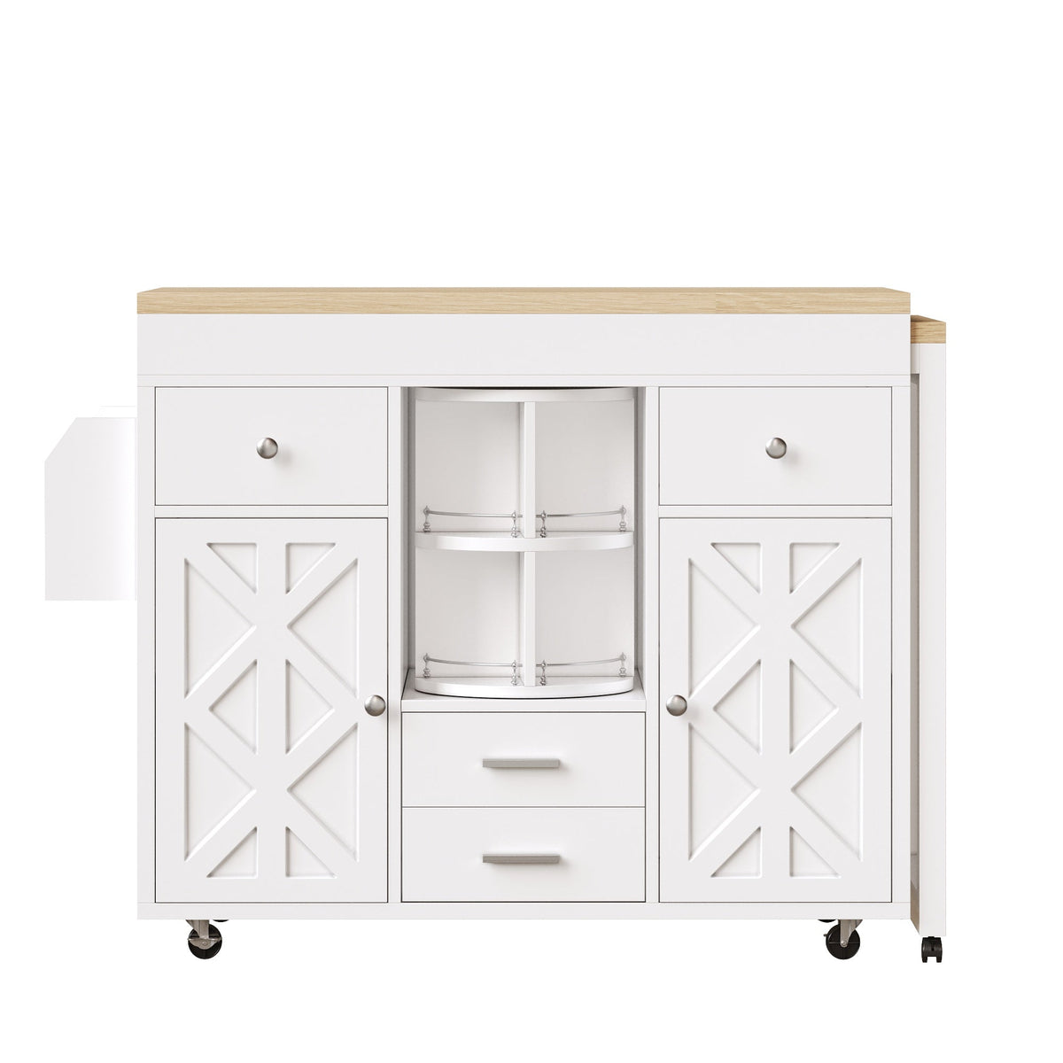 Modern Extendable Bar Table and Kitchen Trolley with Rotating Organizer and Adjustable Shelves, White