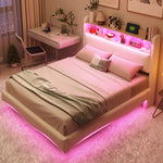 Suspended Design Upholstered Bed 140*200, Multifunctional Storage with LED, USB & Type-C, Linen Fabric Beige