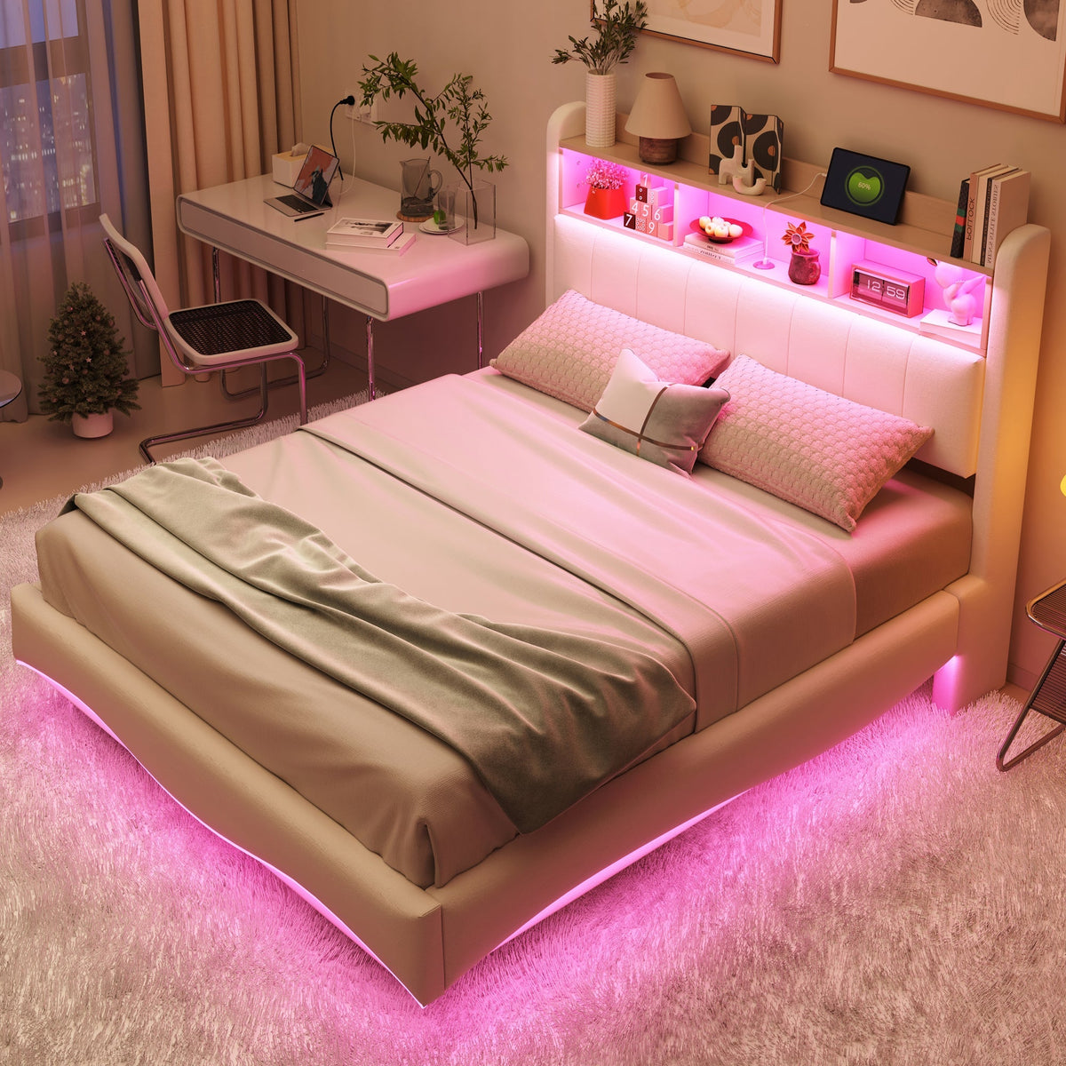 Suspended Design Upholstered Bed 140*200, Multifunctional Storage with LED, USB & Type-C, Linen Fabric Beige