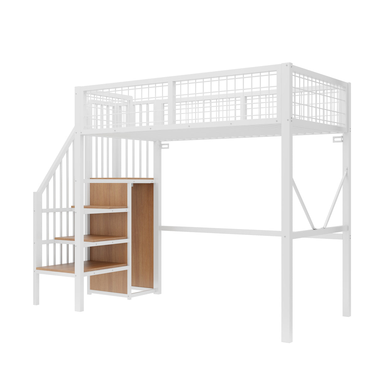 Loft Bed 90x200 cm with Ladder, Storage & LED Light, White Metal