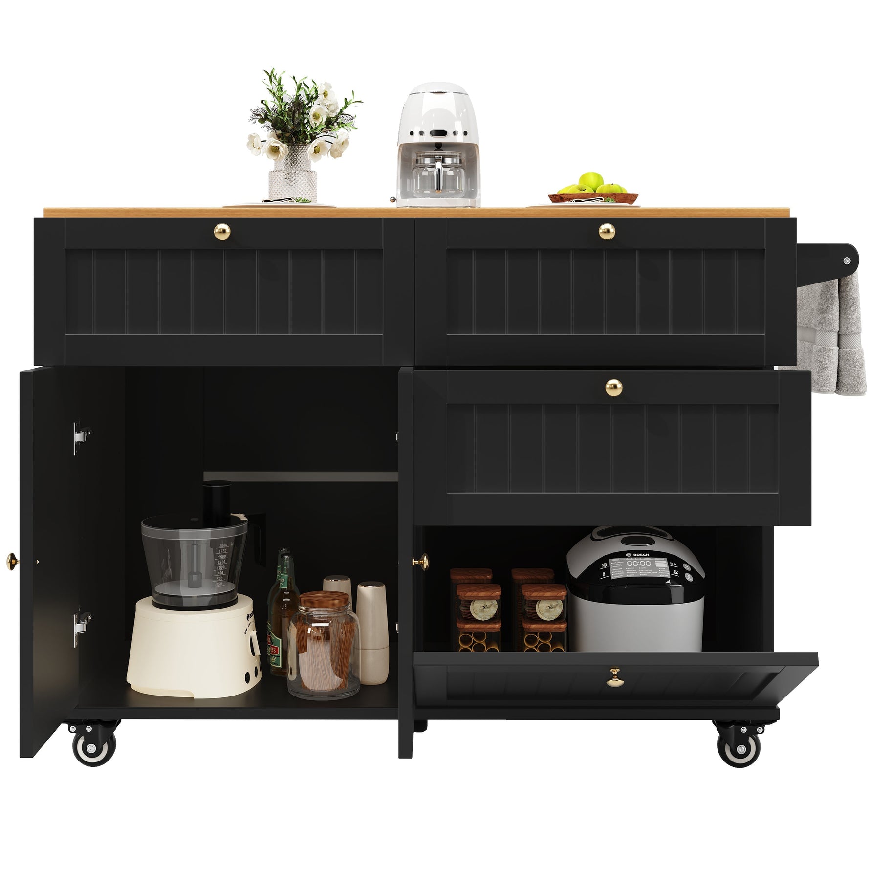 Modern Kitchen Island Dining Table Multifunctional with Storage Wood Grain Black