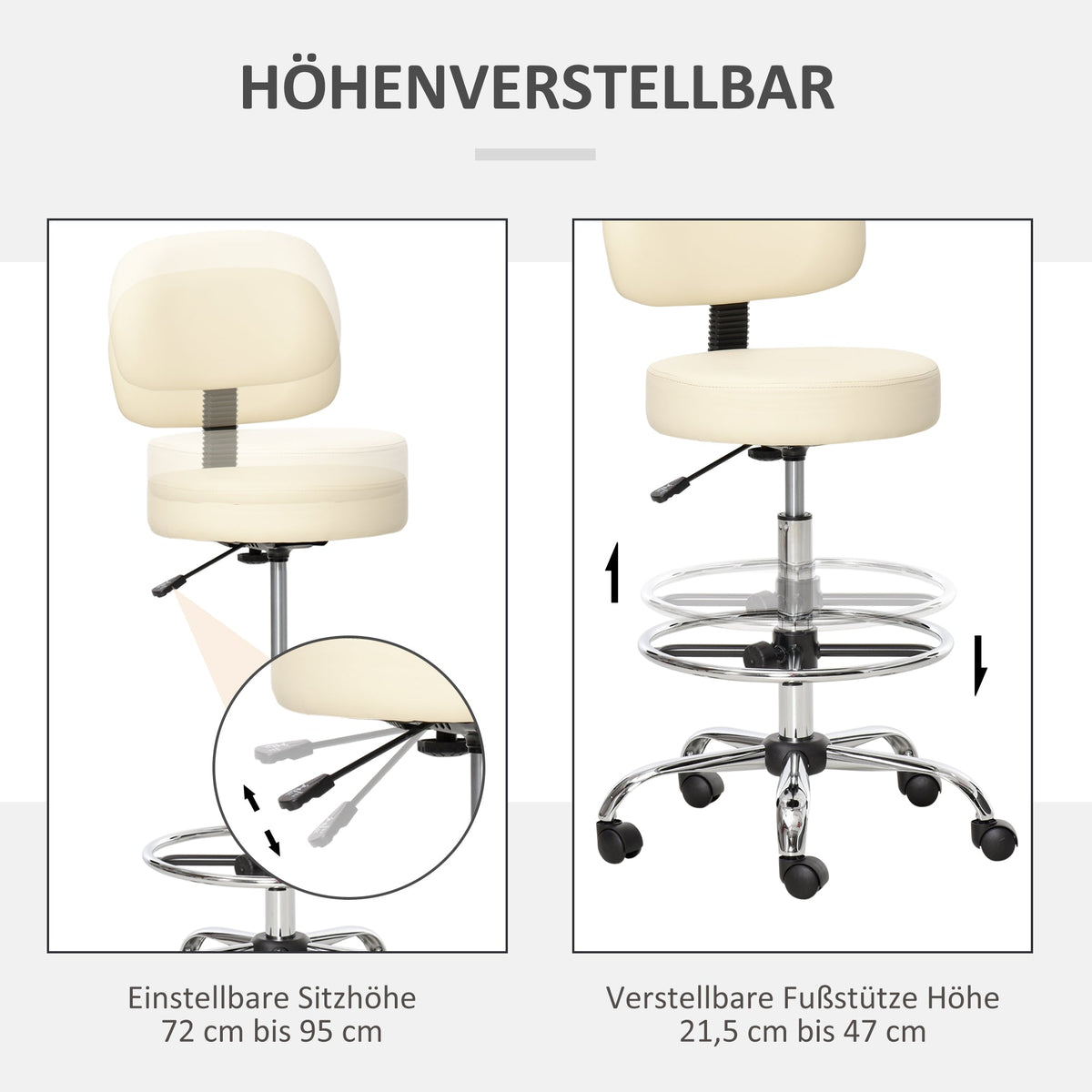 Swivel Bar Stool, Height Adjustable with Backrest, PU Leather Beige