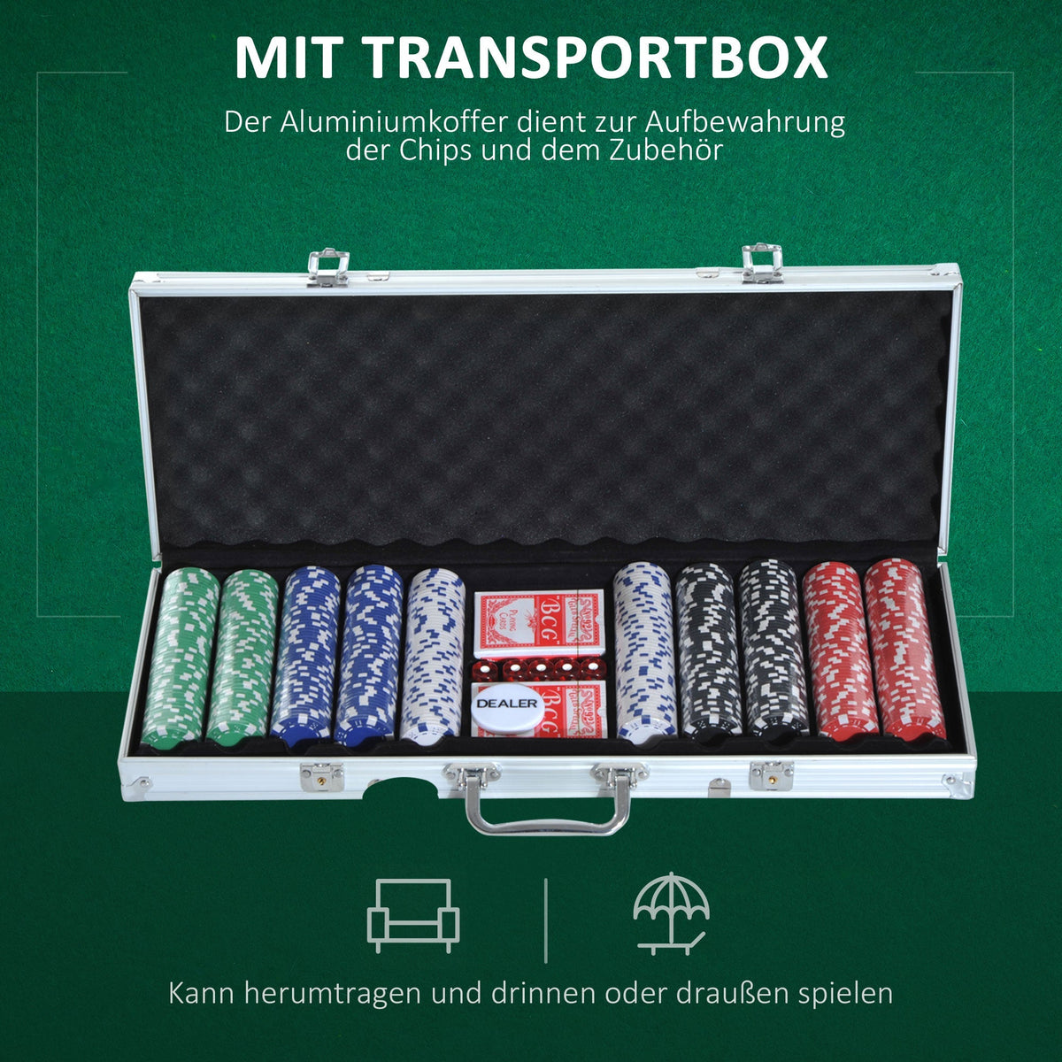 Poker Case Set, 500 Chips, 2 Card Games, 5 Dice, Aluminum