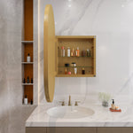 Oval Mirror Cabinet, Recessed Medicine Wall Storage Adjustable Shelves, Gold Metal Framed