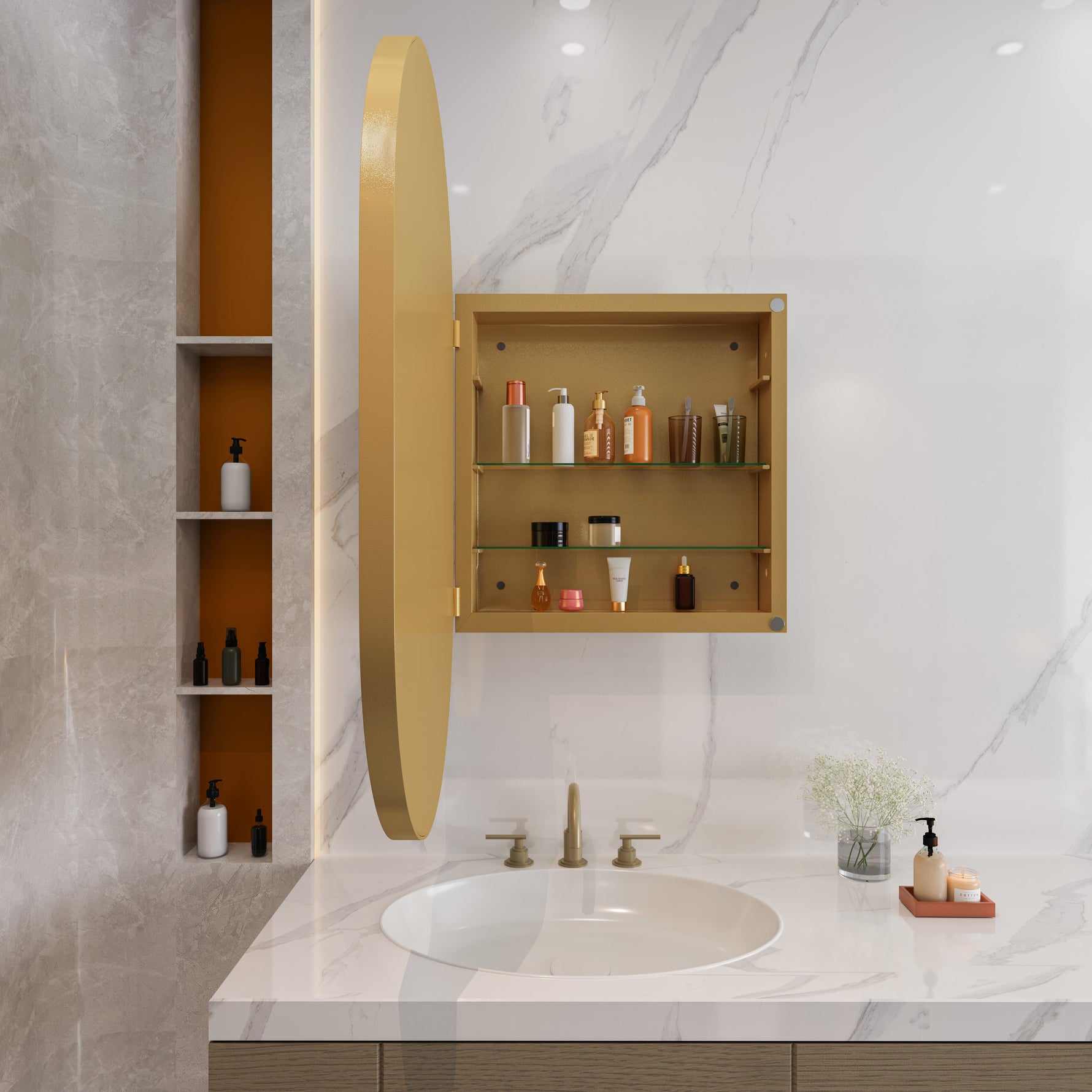 Oval Mirror Cabinet, Recessed Medicine Wall Storage Adjustable Shelves, Gold Metal Framed