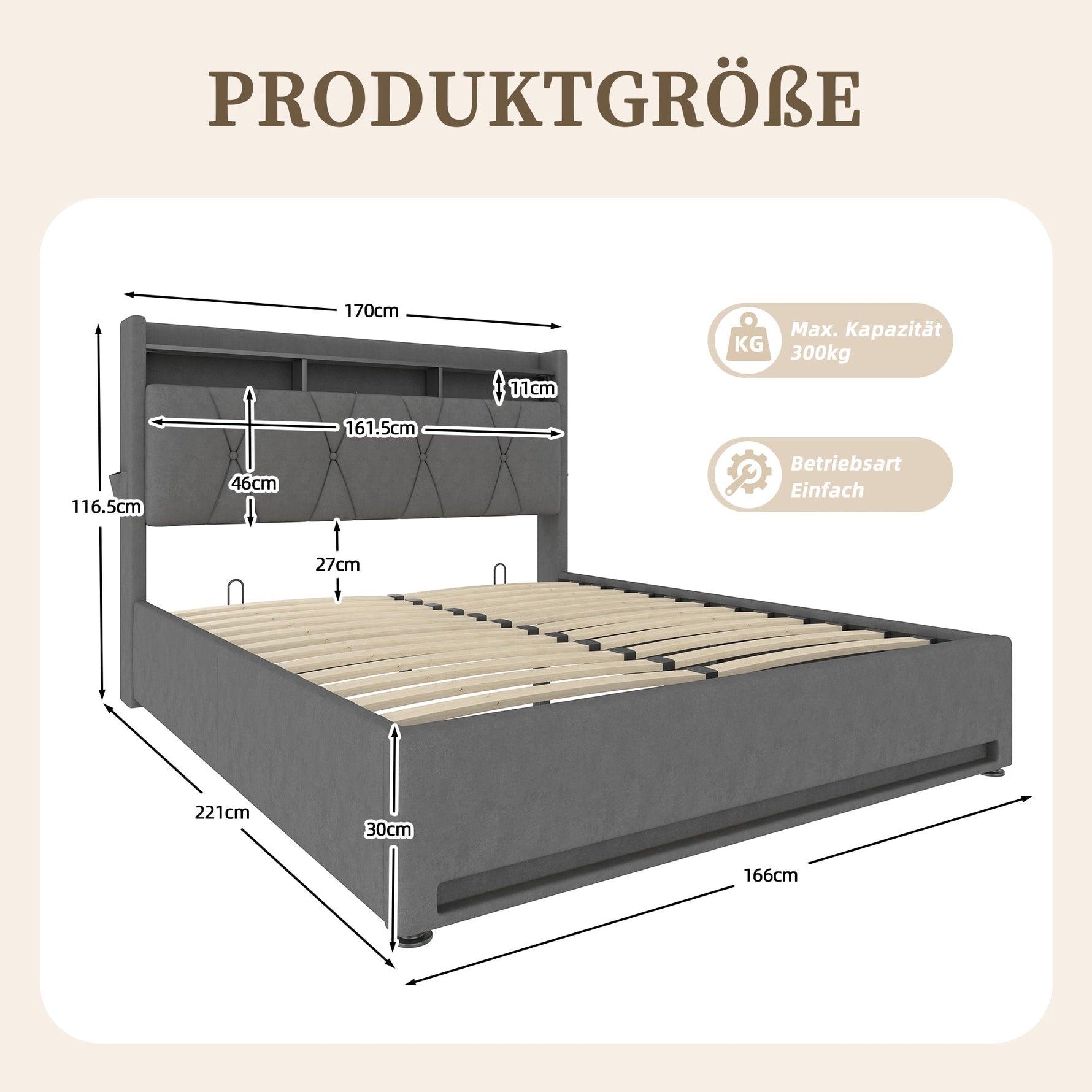 Upholstered Bed Frame 160x200cm LED/USB-C Hydraulic Storage Headboard, Grey