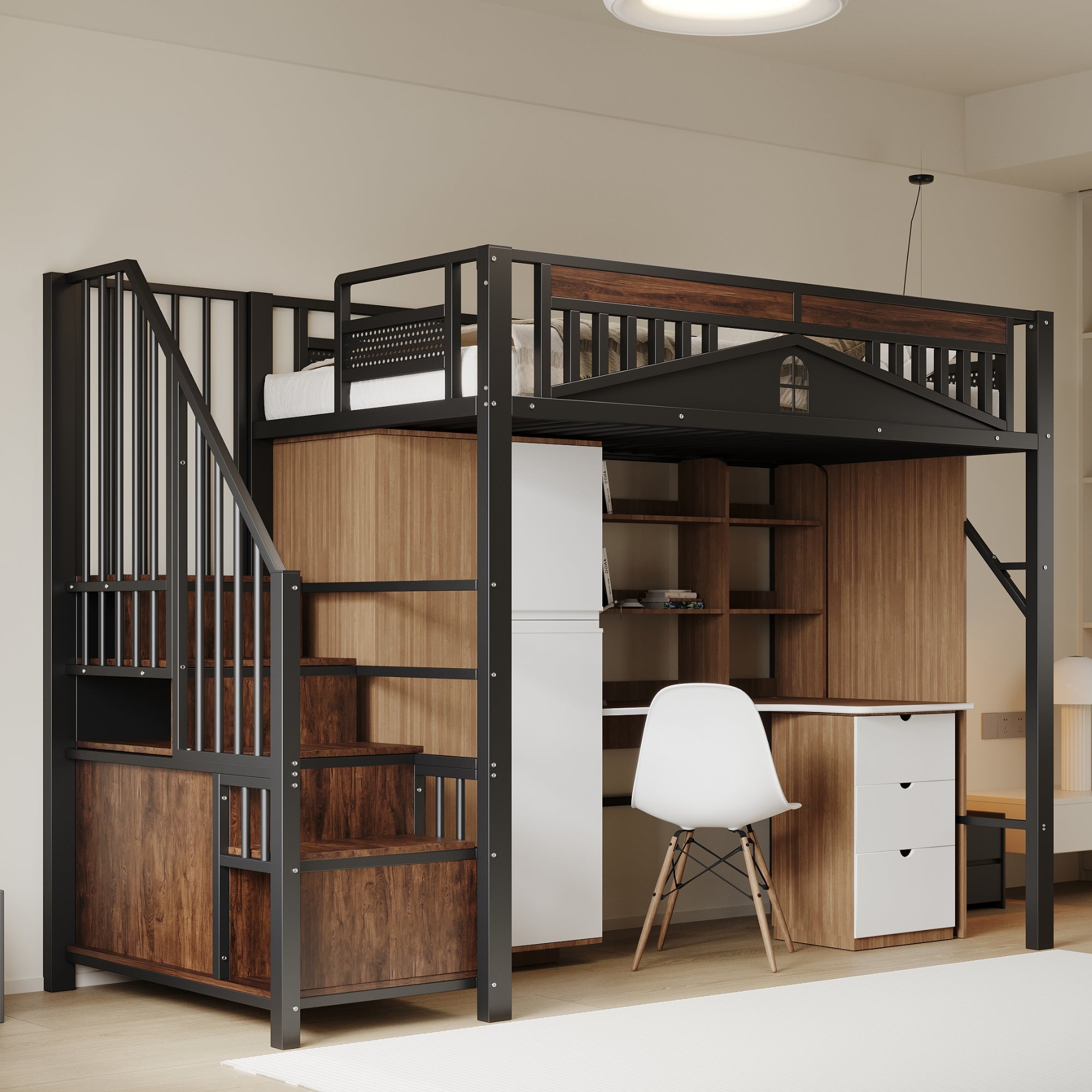 Metal Loft Bed, 90 x 200 cm, Safety Enclosure with Window & Ladder, Black