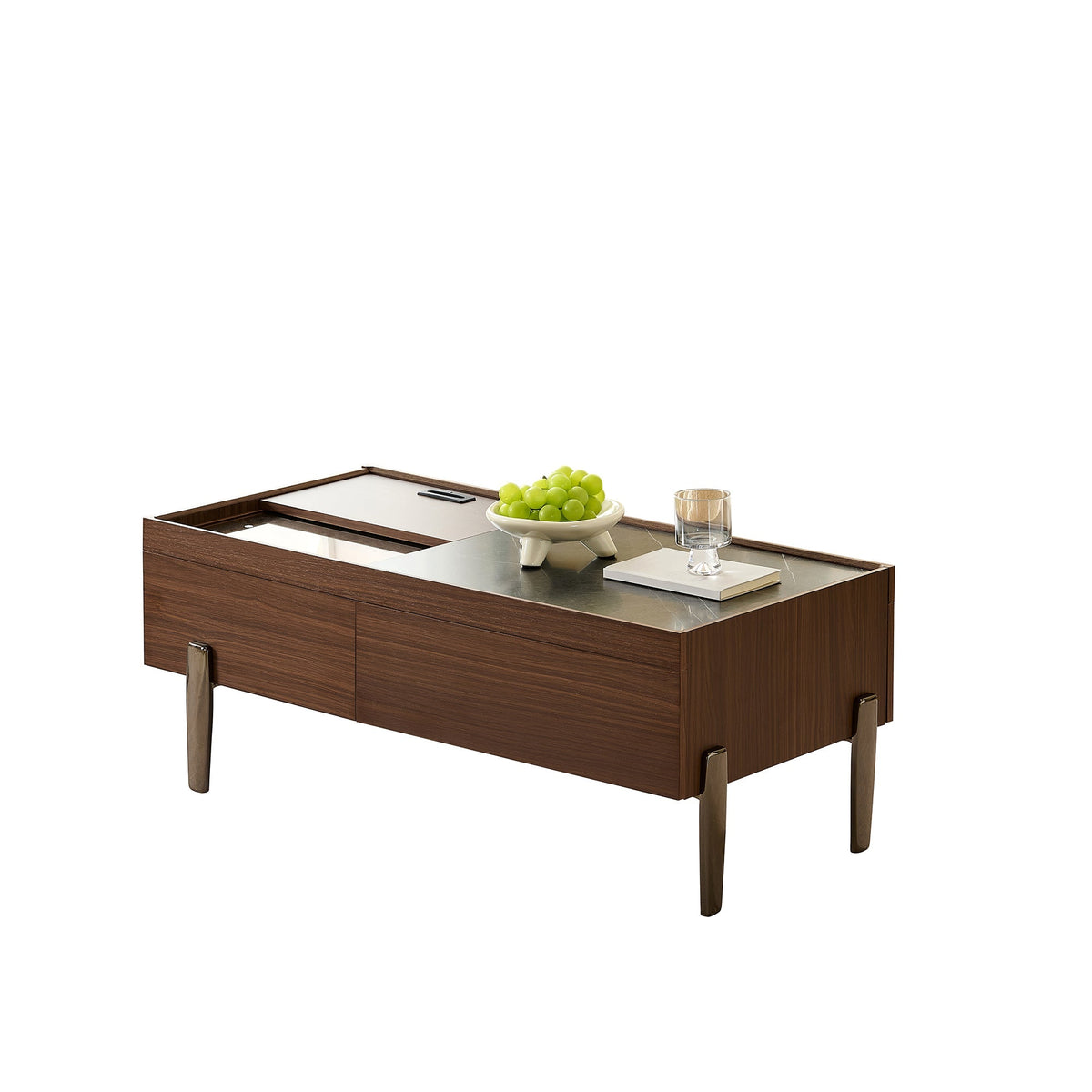 Modern Coffee Table with Drawers, Glass Top & Storage, Dark Brown Wood & Marble-Effect