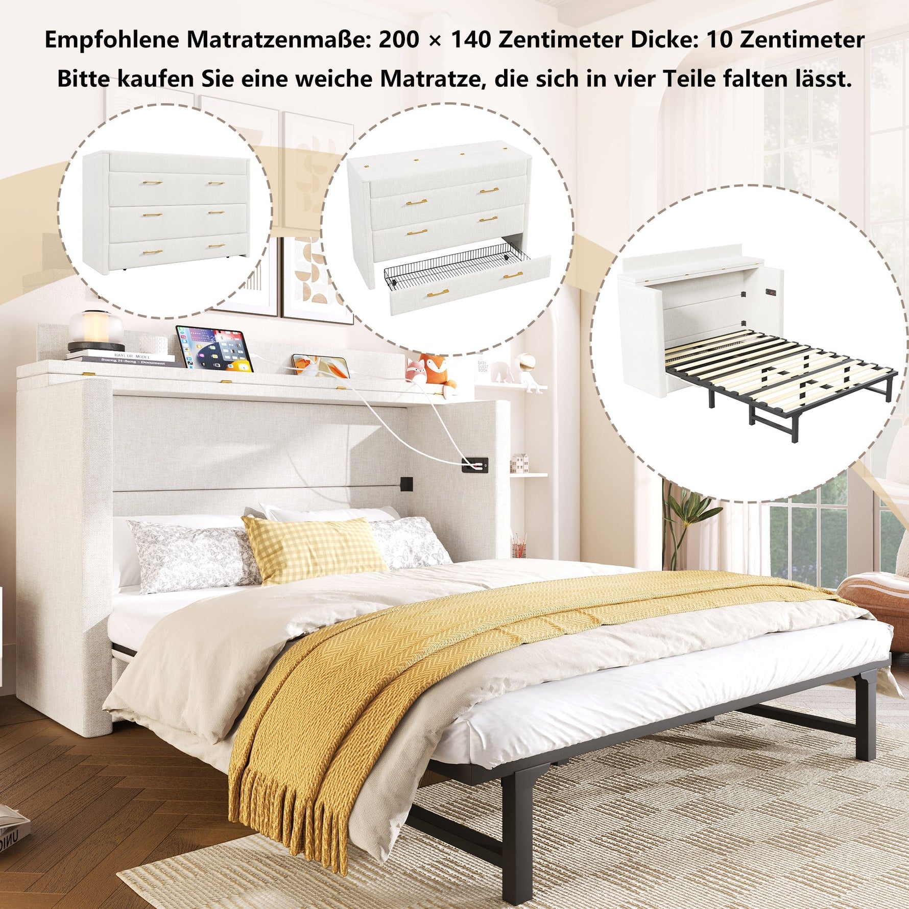 Wall Bed with Storage Drawer, USB Ports and Convertible Platform, Beige Linen