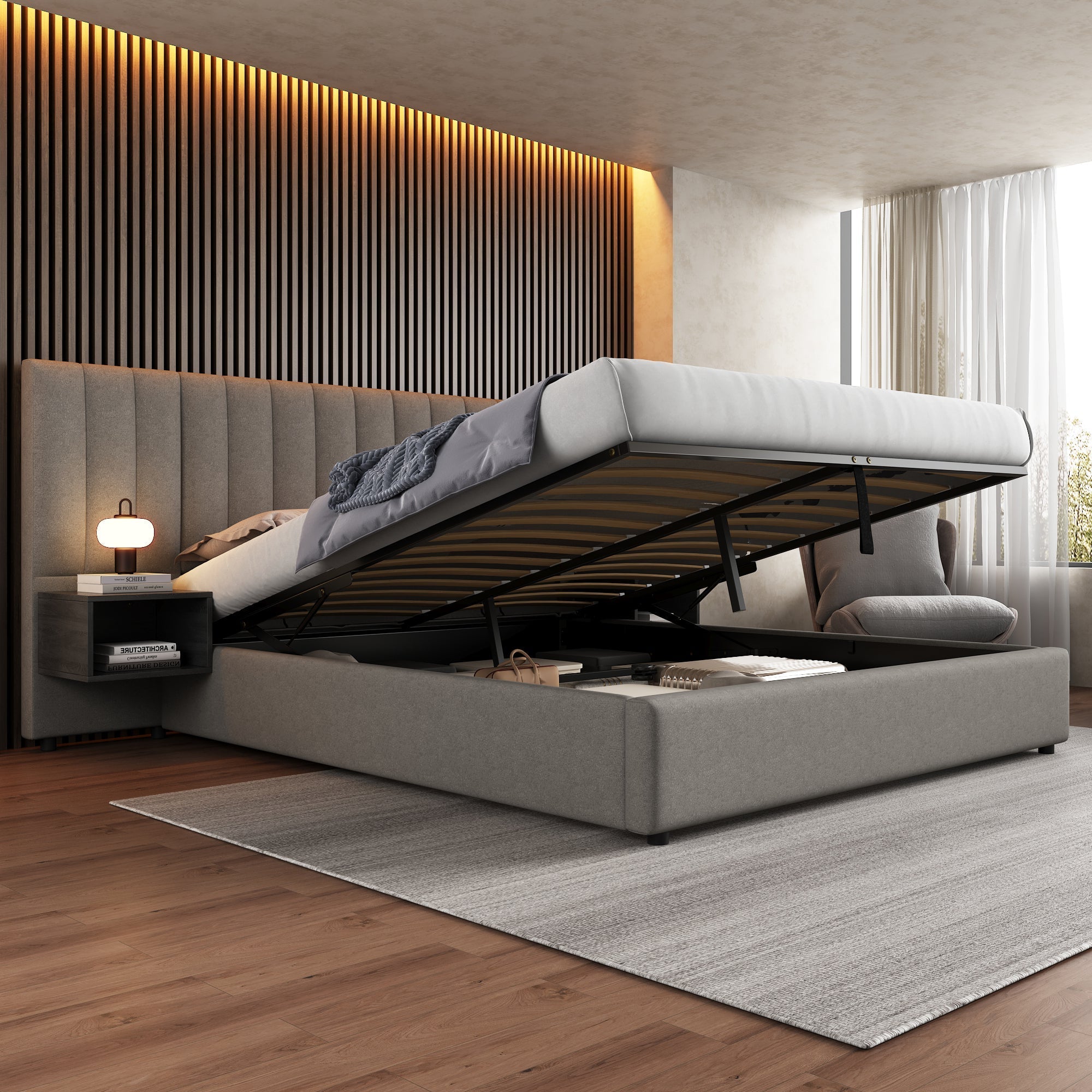 Upholstered Bed 180x200cm Hydraulic Storage 2 Bedside Tables - Linen Grey/Black