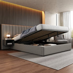 Upholstered Bed 180x200cm Hydraulic Storage 2 Bedside Tables - Linen Grey/Black