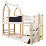 Bunk Bed 90x200, Treehouse Design with Blackboard, Storage, Fall Protection, Loft Bed for Kids, 2x Slatted Frames - Natural & White