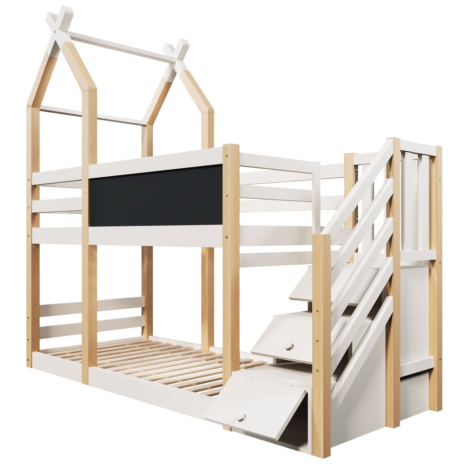 Bunk Bed 90x200, Treehouse Design with Blackboard, Storage, Fall Protection, Loft Bed for Kids, 2x Slatted Frames - Natural & White