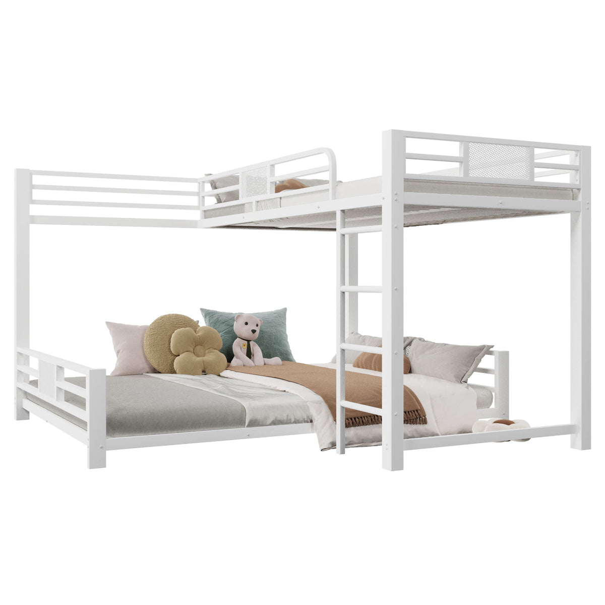 L-Shaped Bunk Bed with 90x200 and 140x200 Metal Frame, White
