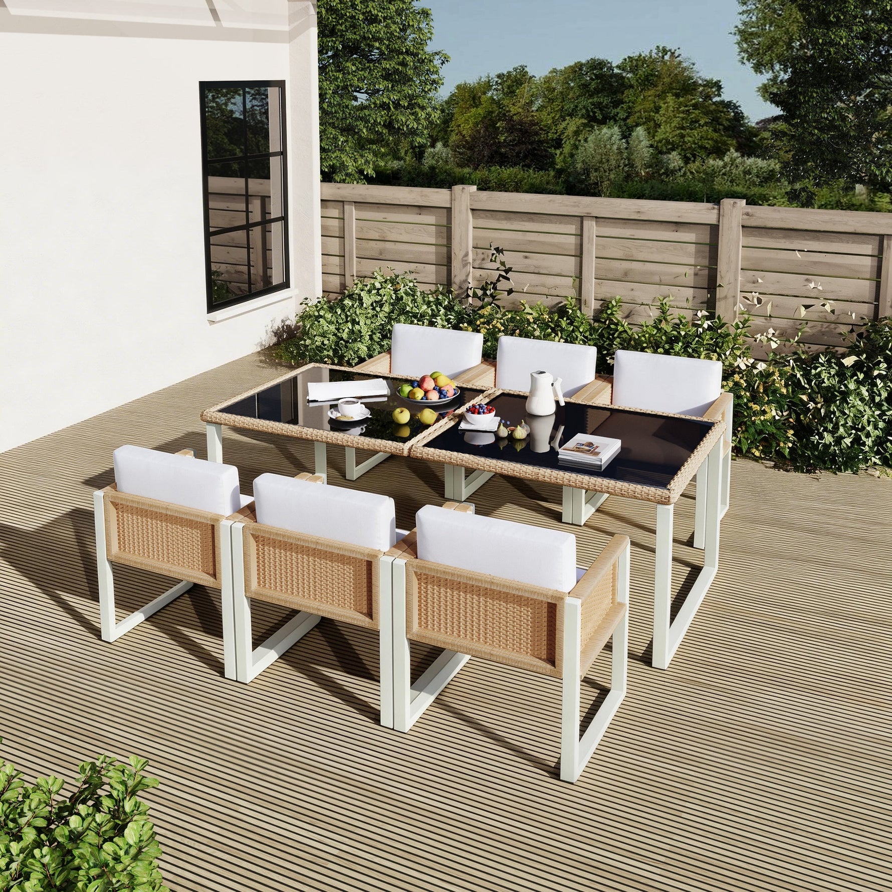 Garden Dining Set, 6-Person Table and Chairs with Washable Covers, Polyrattan