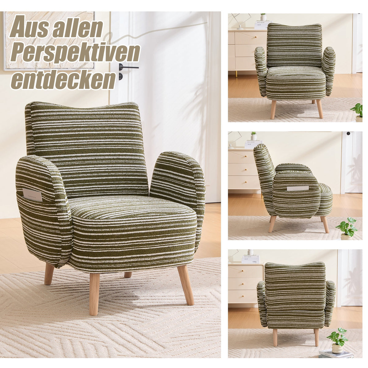 Modern Armchair with Side Pocket and Solid Wood Legs, Circular Pattern Fabric
