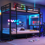 Bunk Bed 90x200 cm with Desk, Storage & LED Light, Black Iron Frame