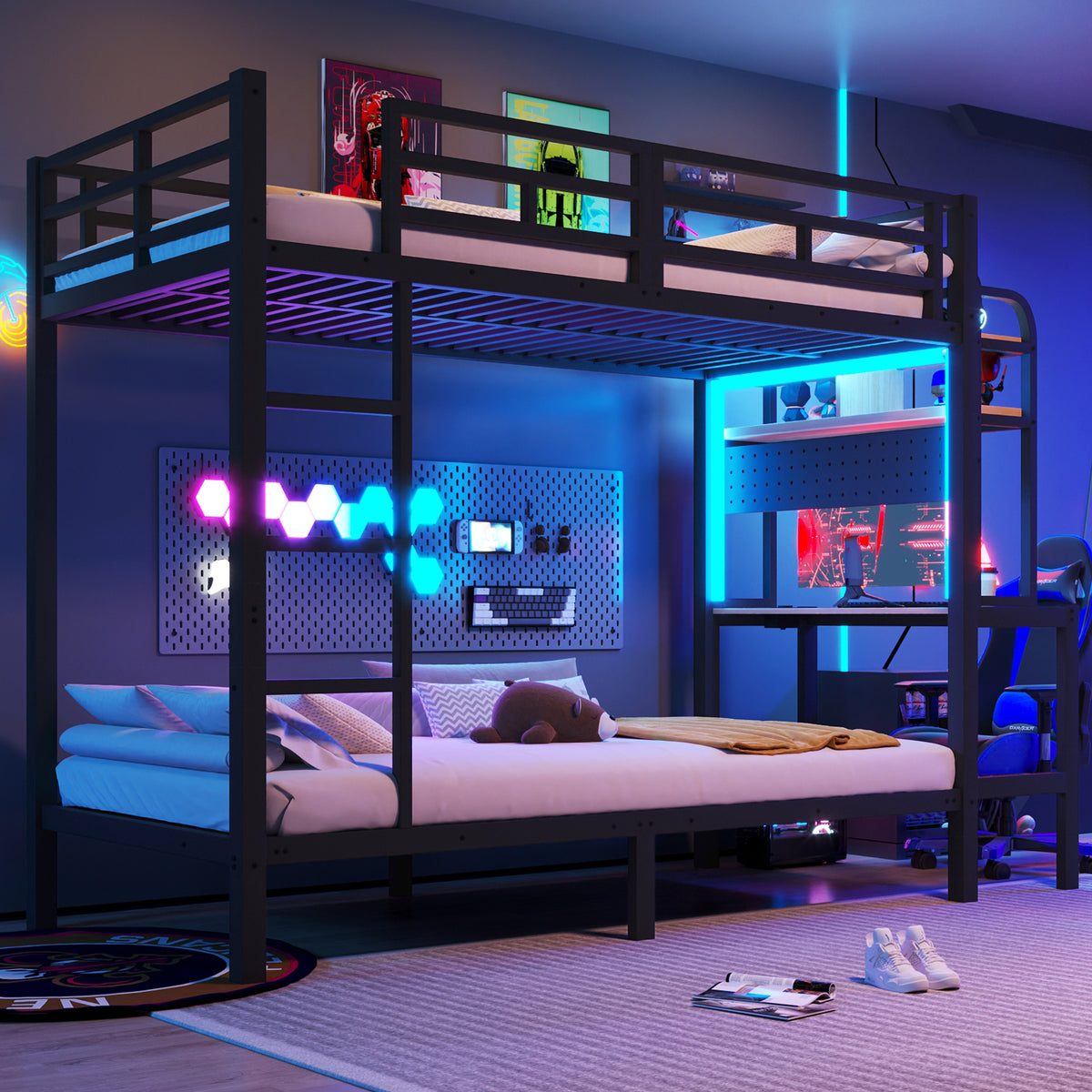 Bunk Bed 90x200 cm with Desk, Storage & LED Light, Black Iron Frame