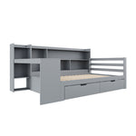 Sofa Bed, Multifunctional with Desk, Bookshelf, Storage & Power Outlet, Solid Wood, Grey