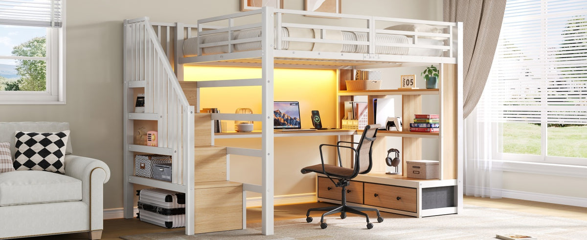 Metal Loft Bed 140x200 with Desk, Shelves & Storage - White