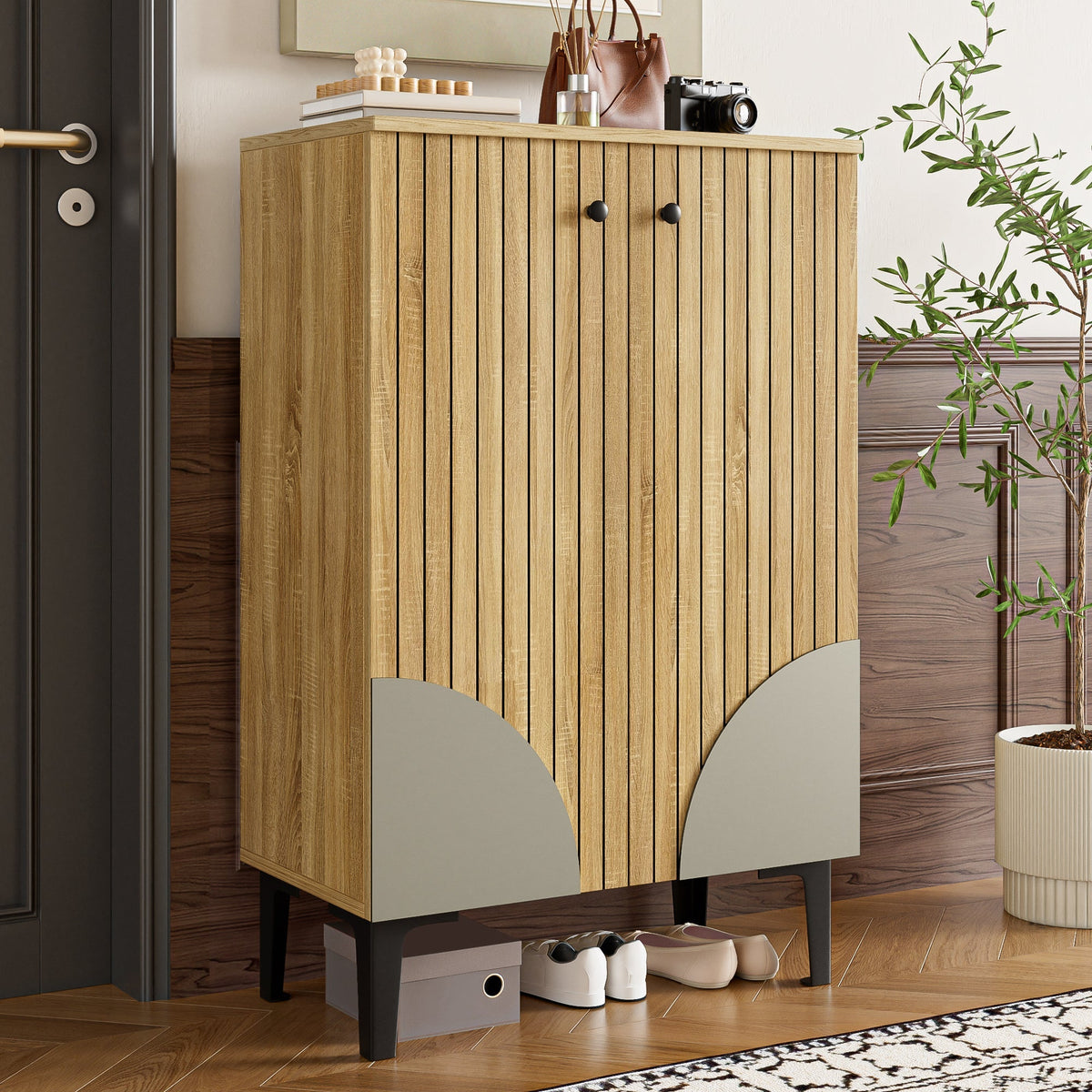 Wooden Shoe Cabinet - Space-Saving Organizer with Shelves & Storage - Black Metal Frame
