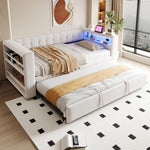 Multifunctional Upholstered Sofa Bed with LED Lighting, Power Outlets and Ample Storage, 90/180x190cm, Beige