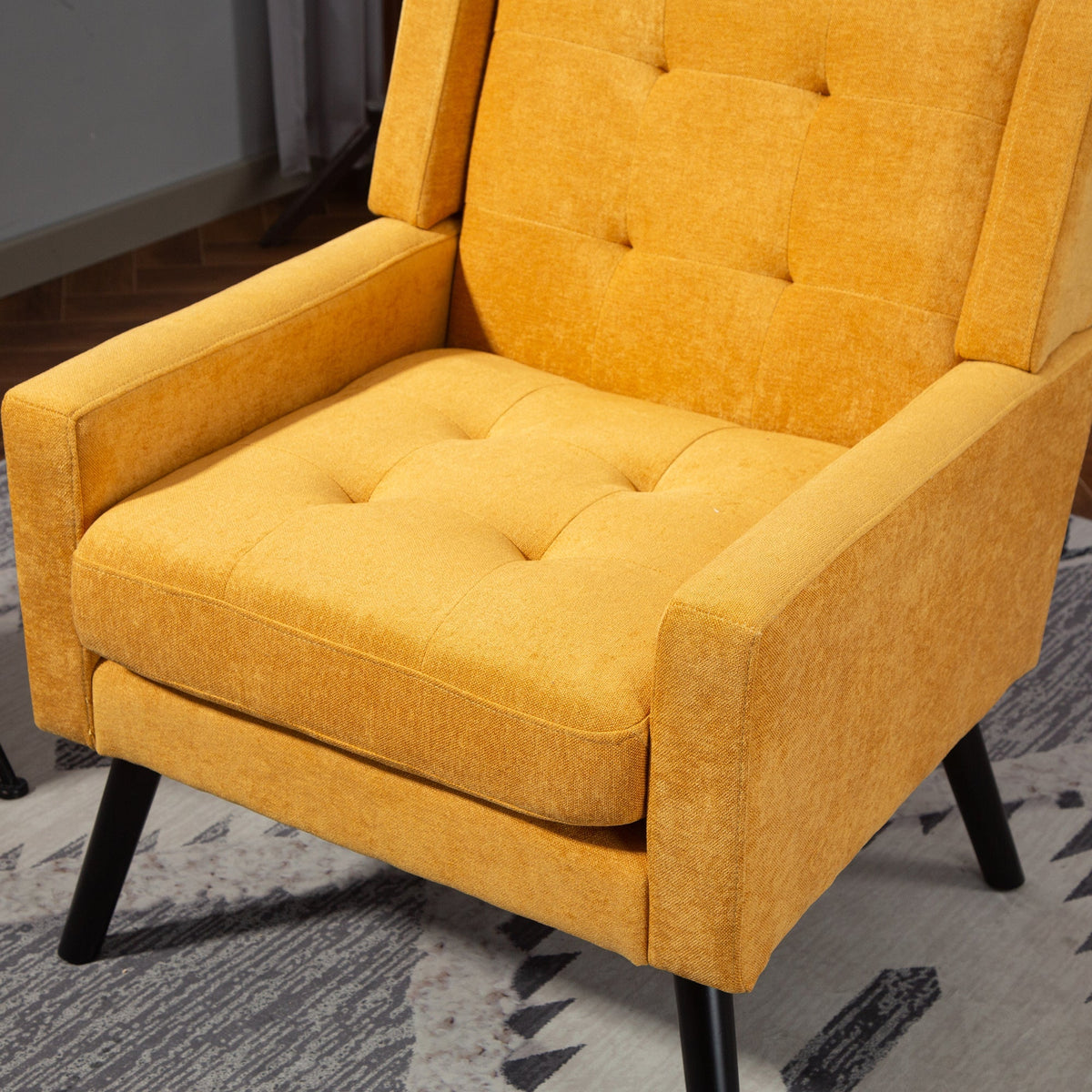 Upholstered Armchair with Buttoned Padding and Solid Wood Legs, Suede Black