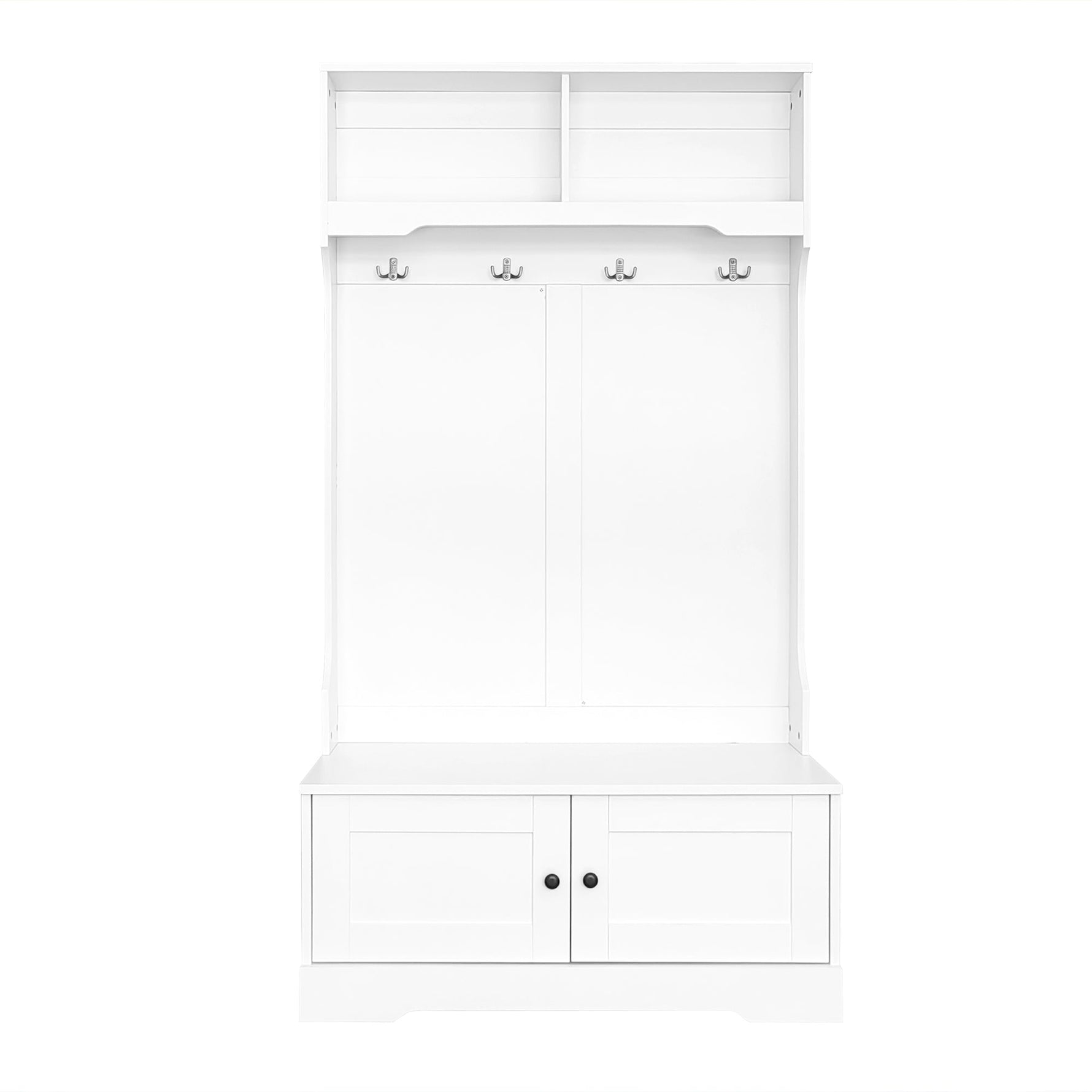 Entrance Cabinet, Storage Seat with Hooks & Open Compartments, White