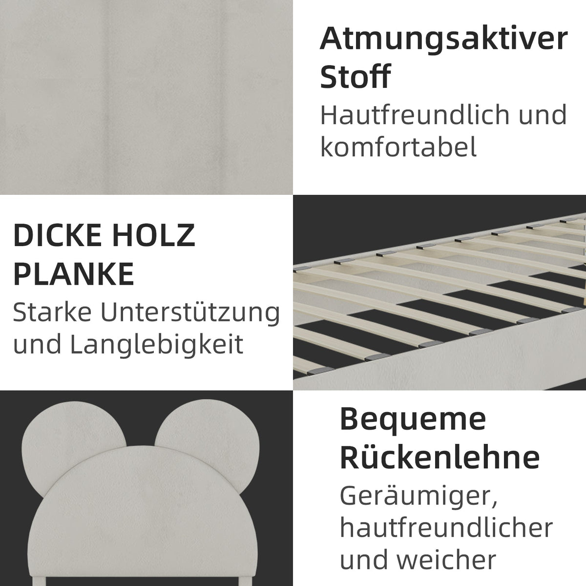 Upholstered Bed, Modern Minimalist Cartoon-Themed Headboard, 90x200 cm, Beige