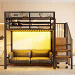 Loft Bed 90x200 with LED Light & Storage Ladder, Black Metal