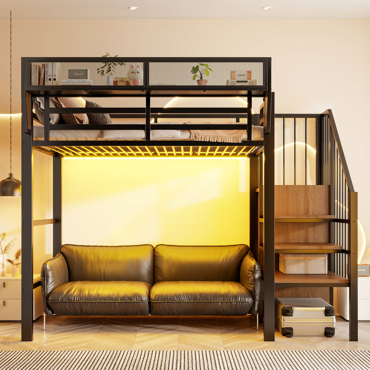 Loft Bed 90x200 with LED Light & Storage Ladder, Black Metal