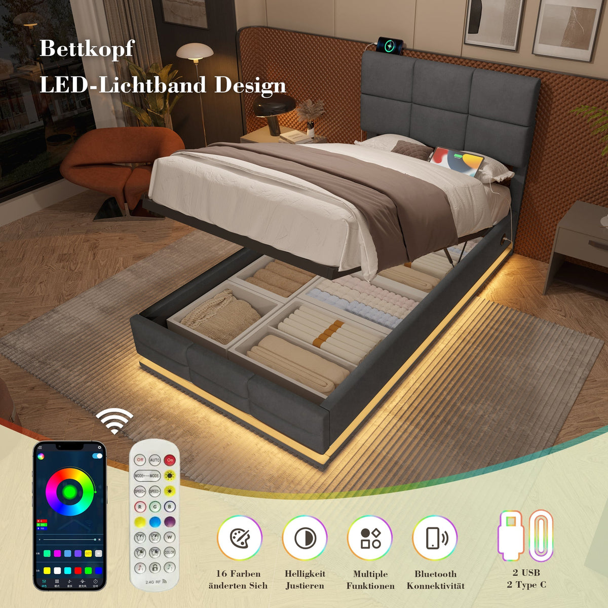 Modern Upholstered Bed 90x200cm, Adjustable Headboard, USB/LED, Hydraulic Storage - Gray Velour