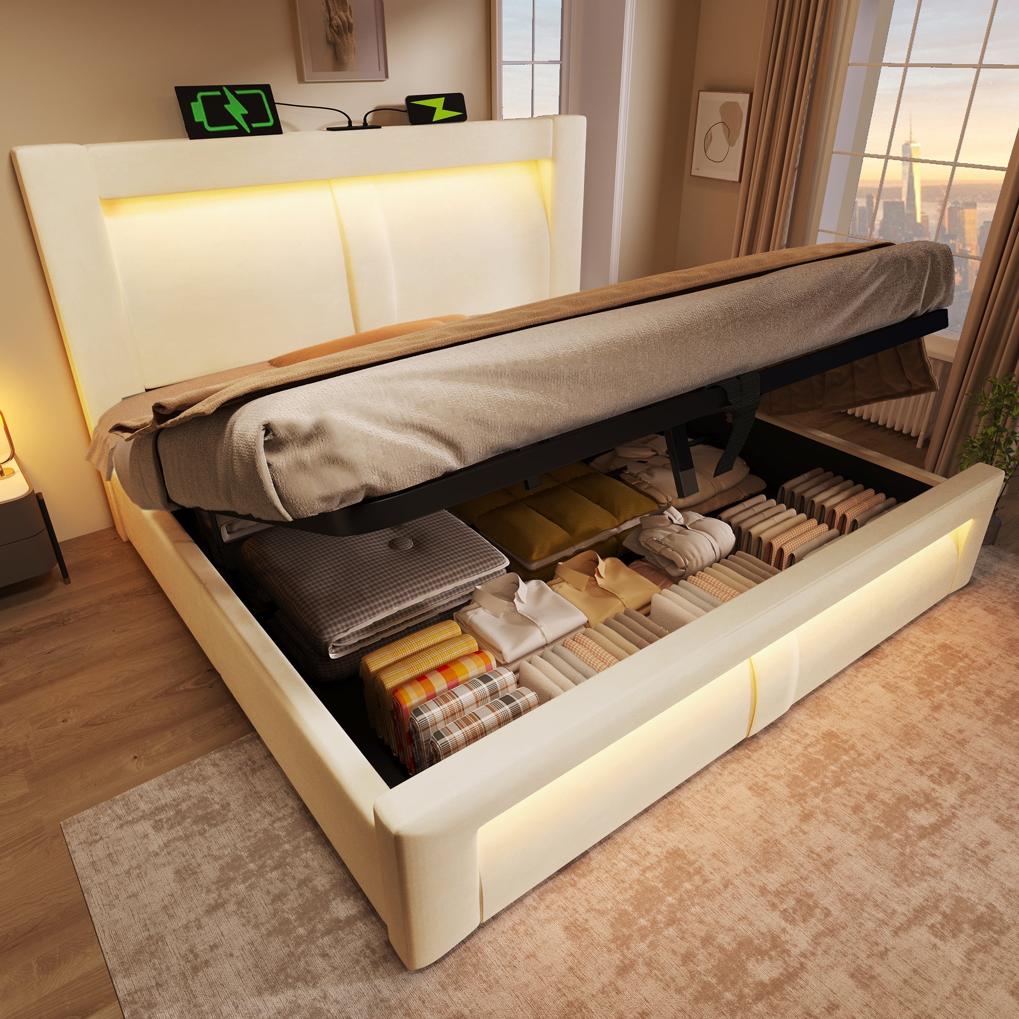 Double Bed with Hydraulic Storage, LED Lighting and Charging Ports, 140x200cm, Beige Velvet
