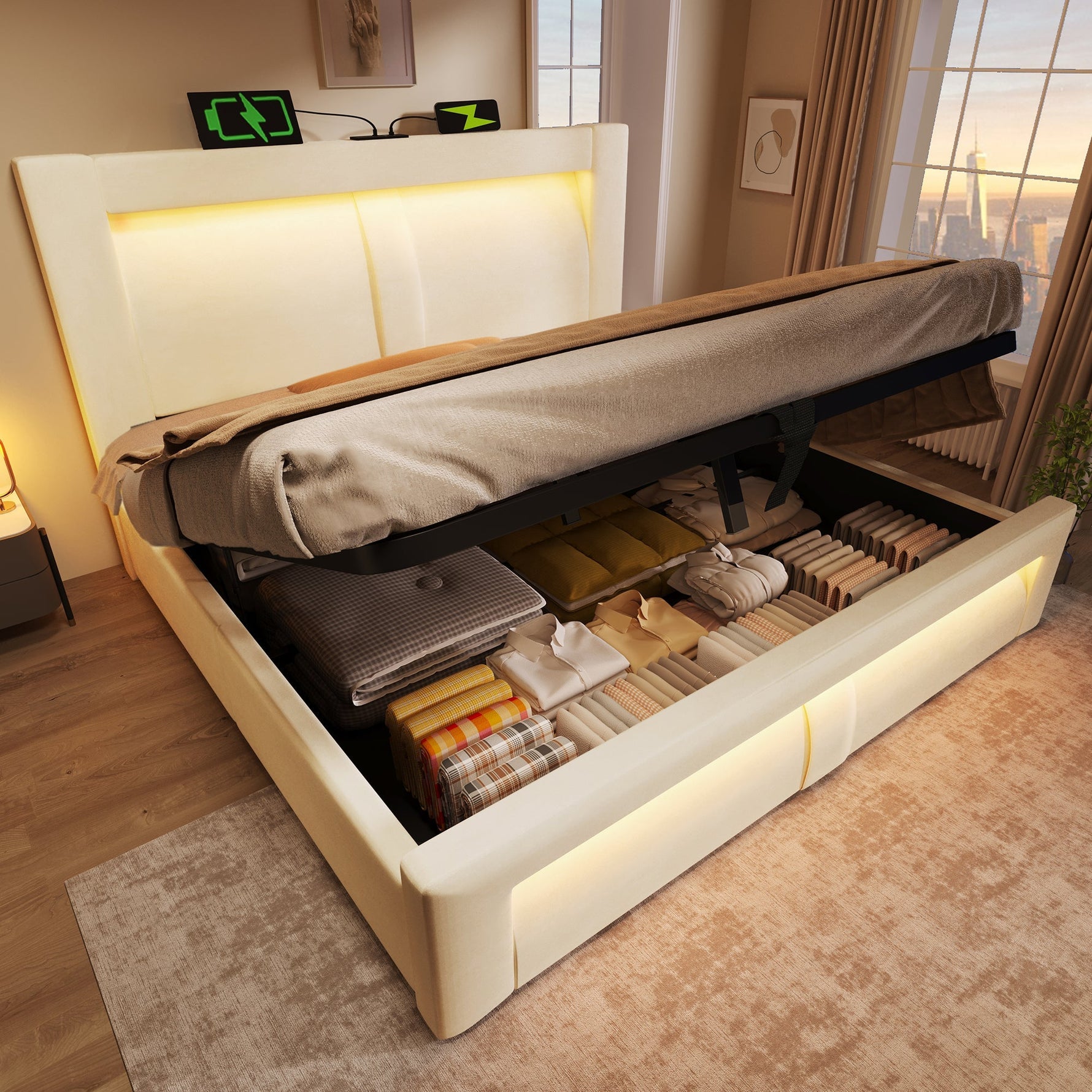 Double Bed 180x200cm Hydraulic Storage LED USB Charging Curved Headboard Beige Velvet