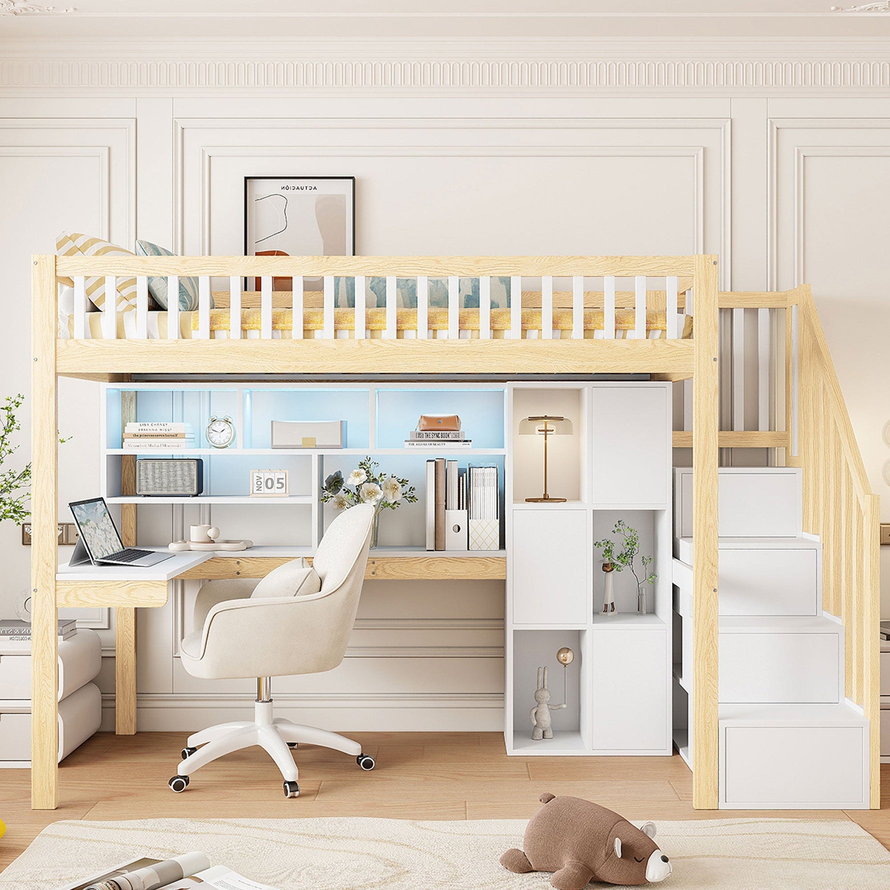 Loft Bed with LED Lights, Desk, Shelves and Storage Ladder, 90x200cm, White and Natural Wood