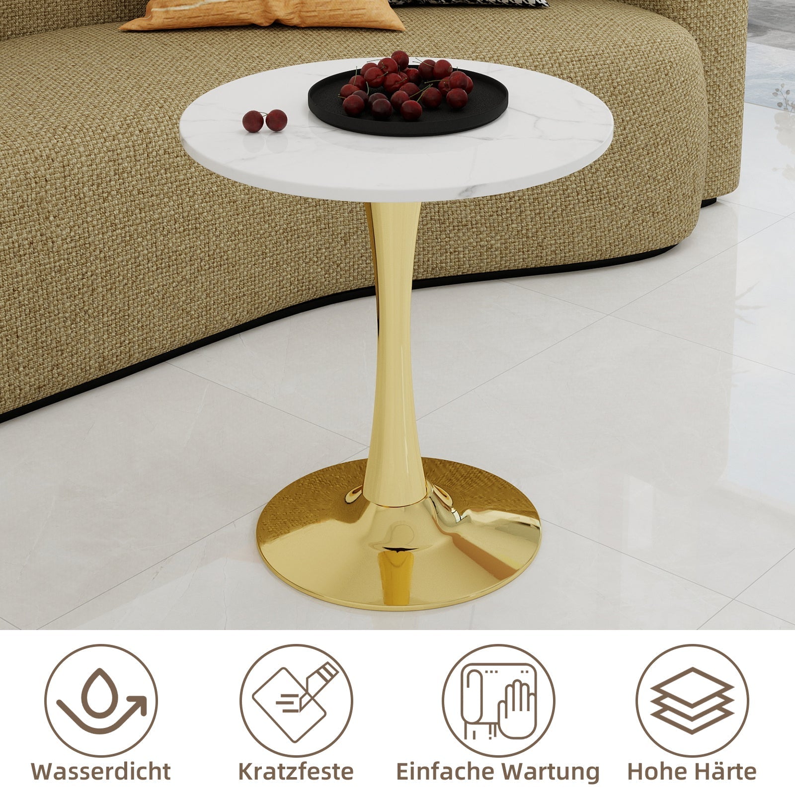 Coffee Table Round Marble Top Mid-Century Modern Style 27.6-inch Golden