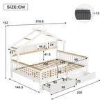Children's Bed Roof Design, Railing, Storage Drawers, 140x200cm, Pine+MDF White/Natural