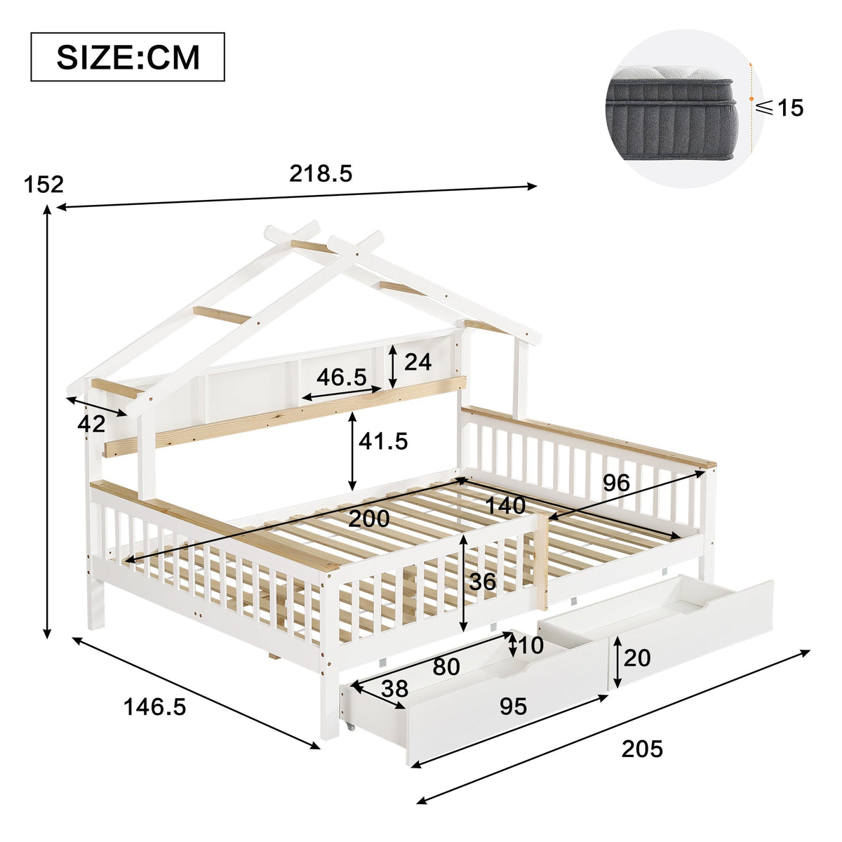 Children's Bed Roof Design, Railing, Storage Drawers, 140x200cm, Pine+MDF White/Natural