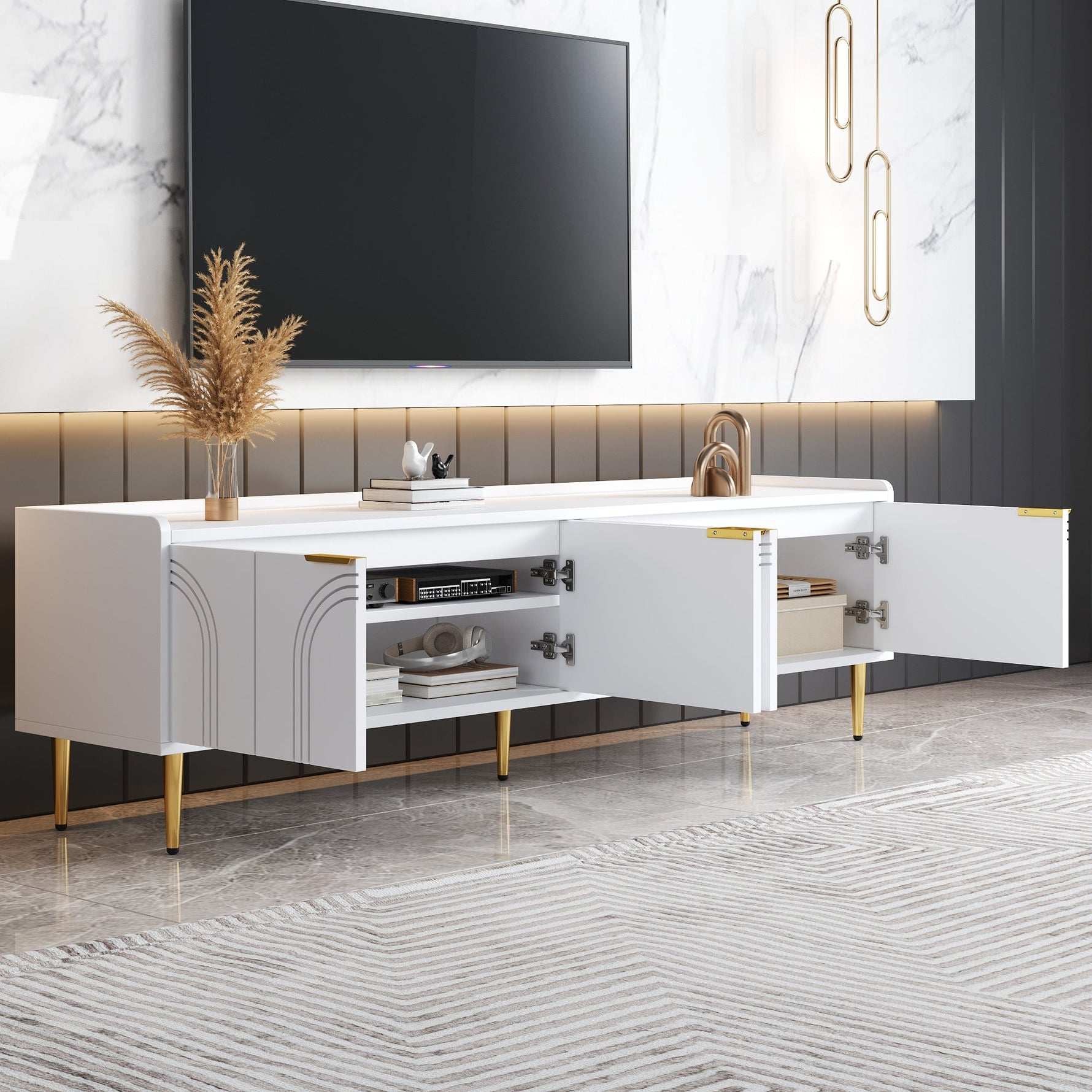 TV Cabinet Lowboard 170cm Textured Door Gold Handles/Feet